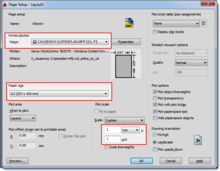 AutoCAD Page Setup Window