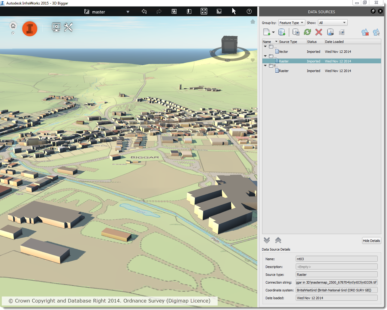 OS MasterMap® 1:2,000 Raster draped on top of OS Terrain™ 50, with buildings from OS MasterMap® Topography Layer extruded on top using Building Height Attribute data.