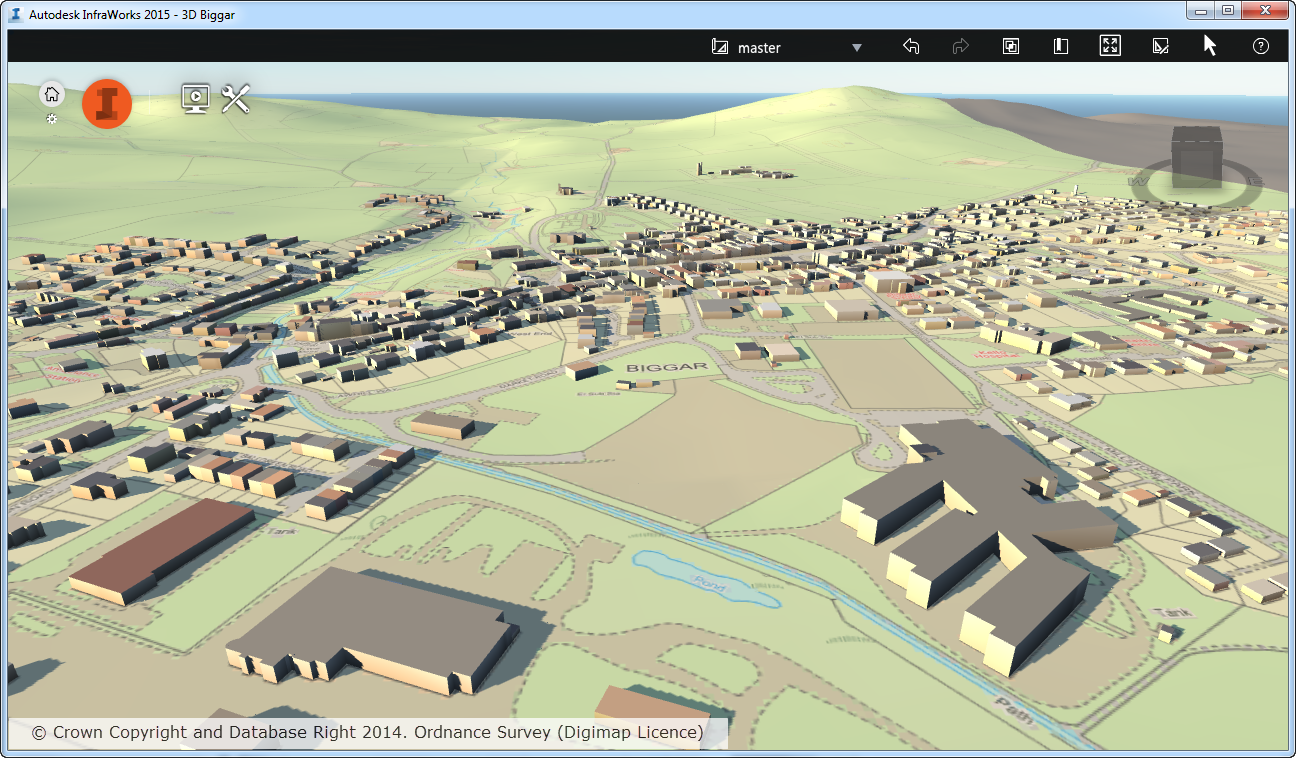 OS MasterMap® 1:2,000 Raster draped on top of OS Terrain™ 50, with buildings from OS MasterMap® Topography Layer extruded on top using Building Height Attribute data.