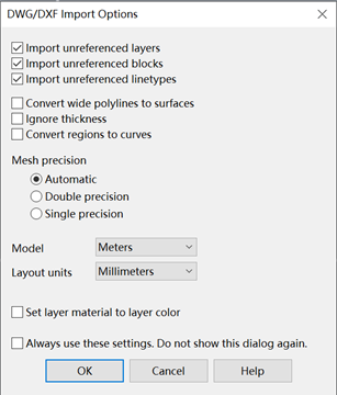 Rhino Import Options window