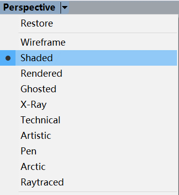 Rhino Perspectives menu with Shaded option highlighted.