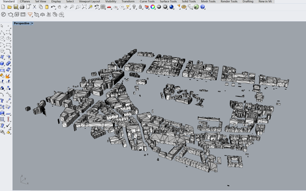 Rhino window with BHA 3D data and Topography data displayed.