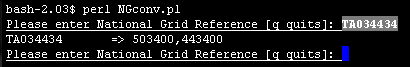 Figure 5: UNIX Interface, here the grid reference TA034434 has been entered and the coordinates 503400, 443400 have been returned