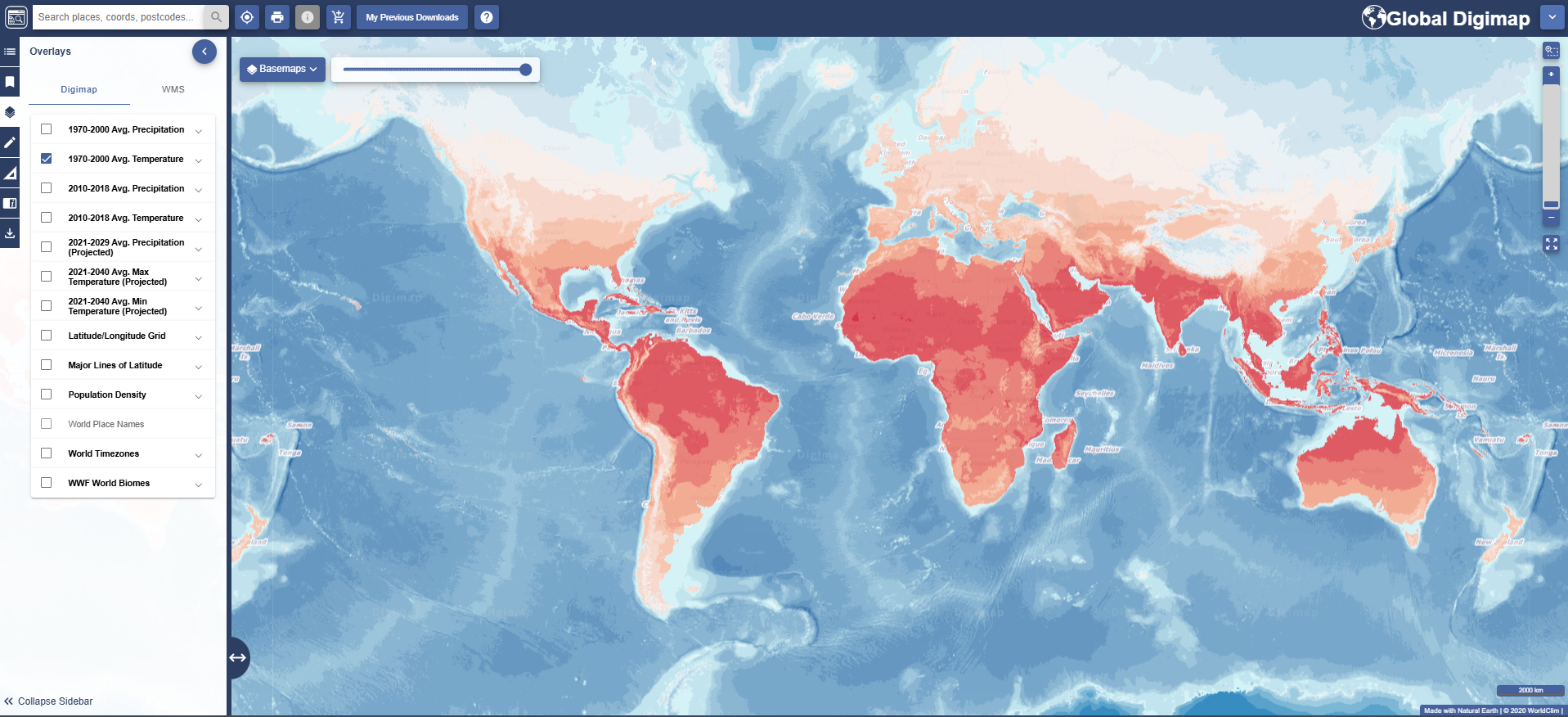 Gridded global maps showing average temperature from 1970 to 2000